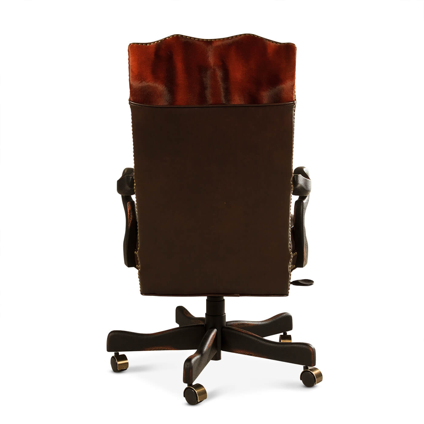 Brown leather office chair, back view, ornate detailing.