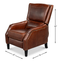 Dimension drawing for Brown Leather Recliner with Antique Brass Nailheads