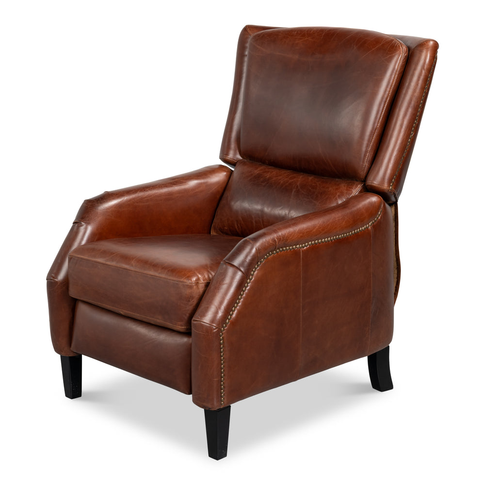 Brown top grain leather recliner with antique brass nailhead trim