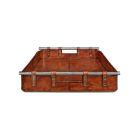 Front view of brown leather tray with metal details.