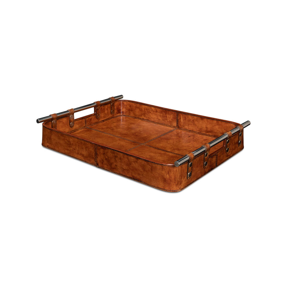 Brown leather tray with metal handles, angled view.