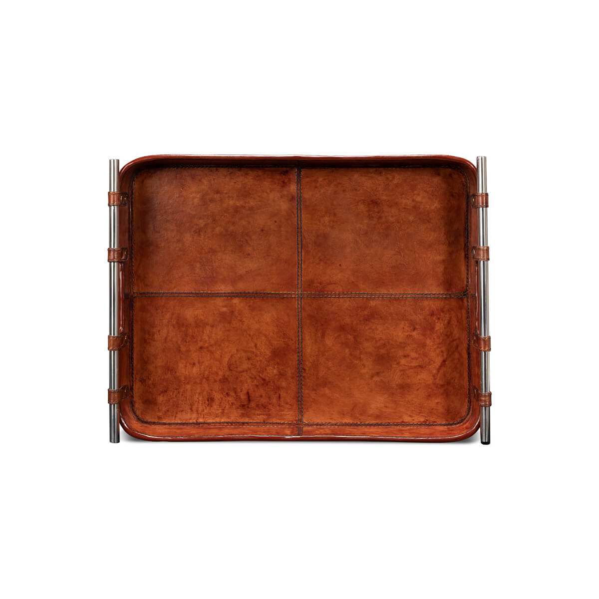 Top view of brown leather tray, showing sections.
