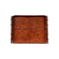 Top view of brown leather tray, showing sections.