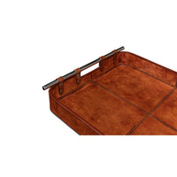 Detail of brown leather tray handle and stitching.