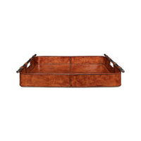 Side view of brown leather tray with metal bars.