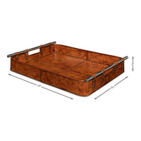 Dimensions of brown leather tray, length and width.