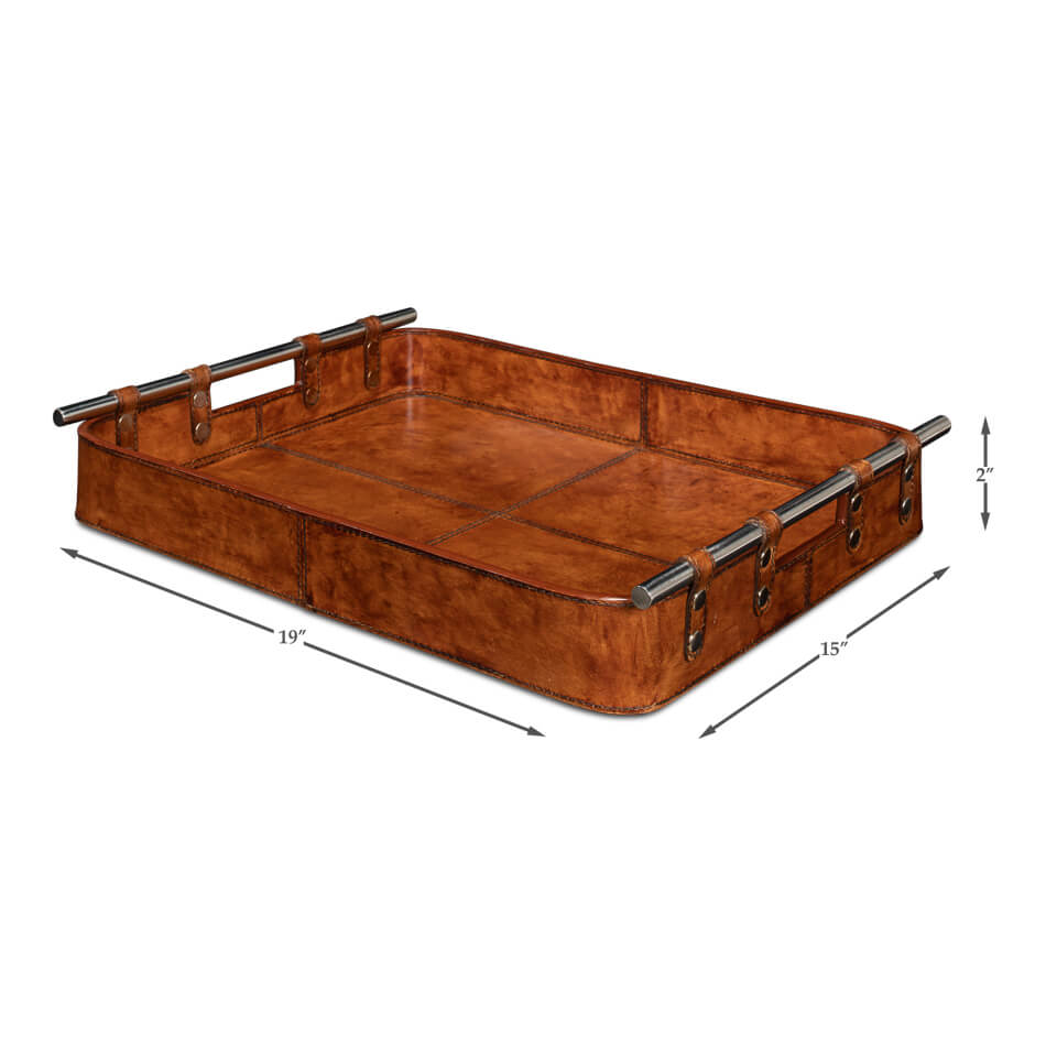 Dimensions of brown leather tray, length and width.