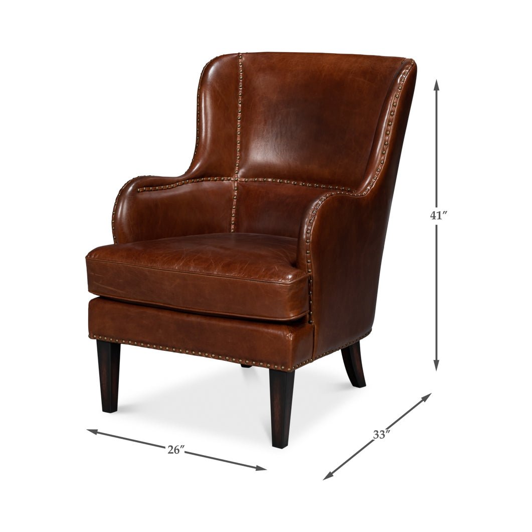 Brown leather wing chair, dimension illustration.