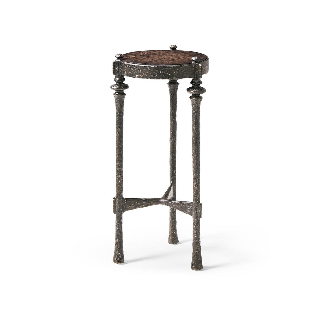 Front view of iron and wood round accent table.