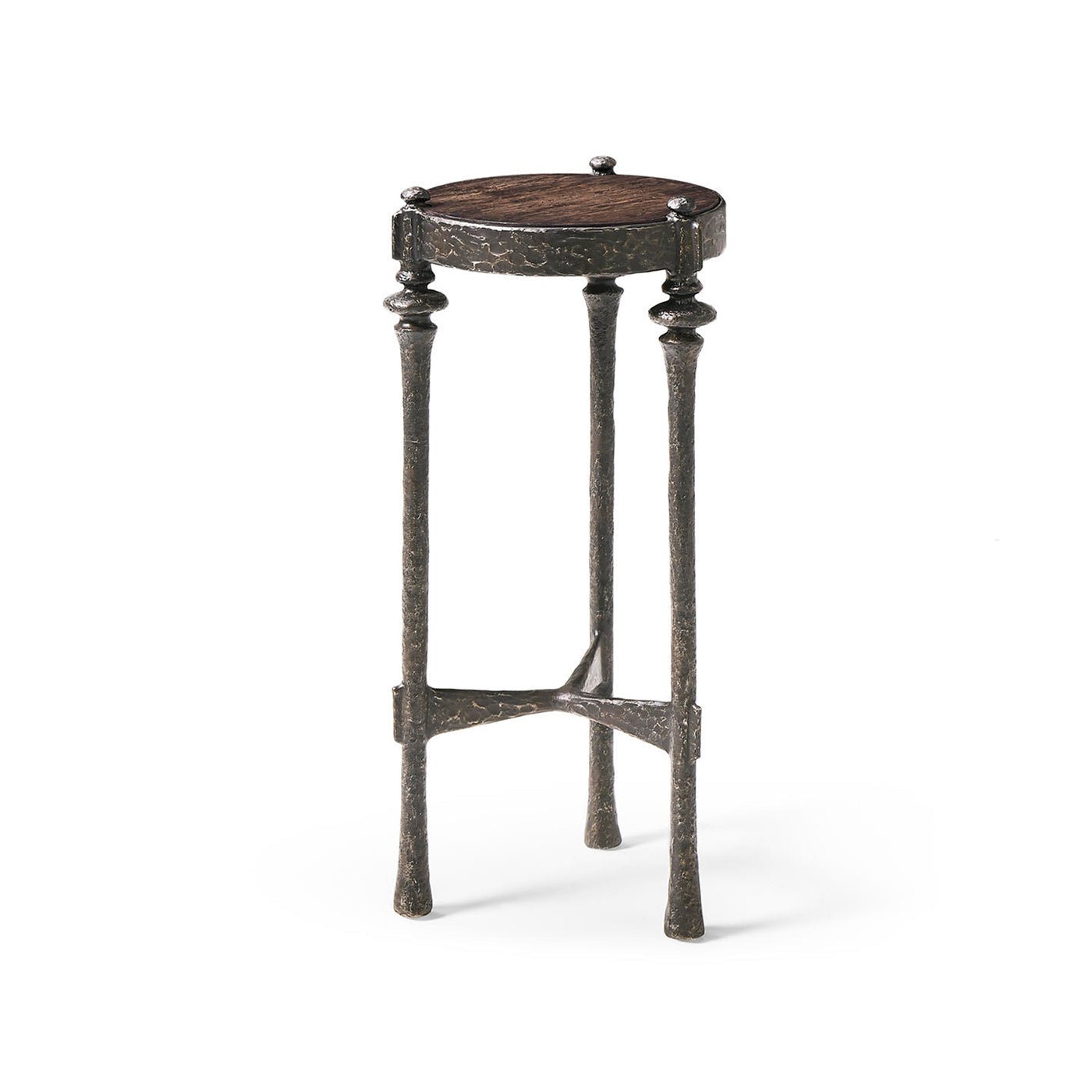 Front view of iron and wood round accent table.