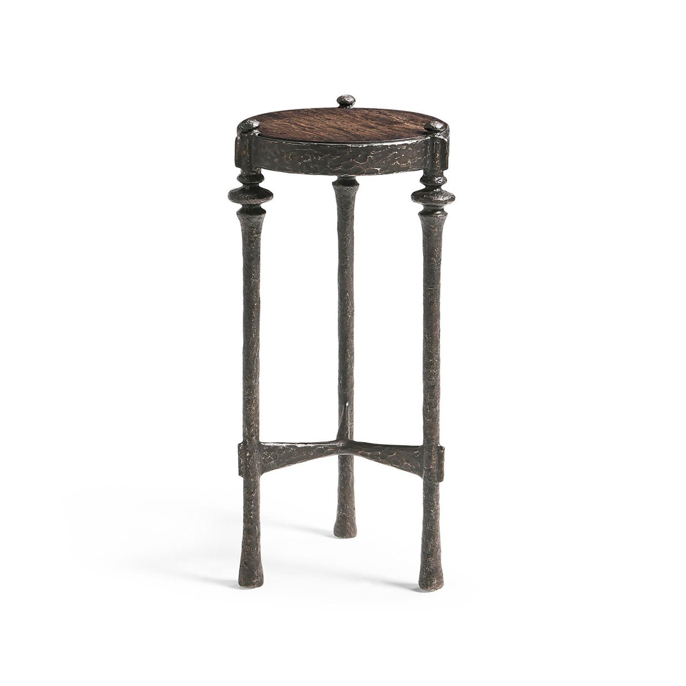 Side angle of wood top accent table, three legs.