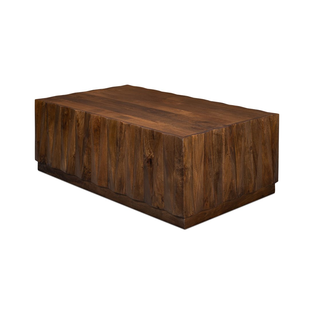 Angled view highlighting wood coffee table design.
