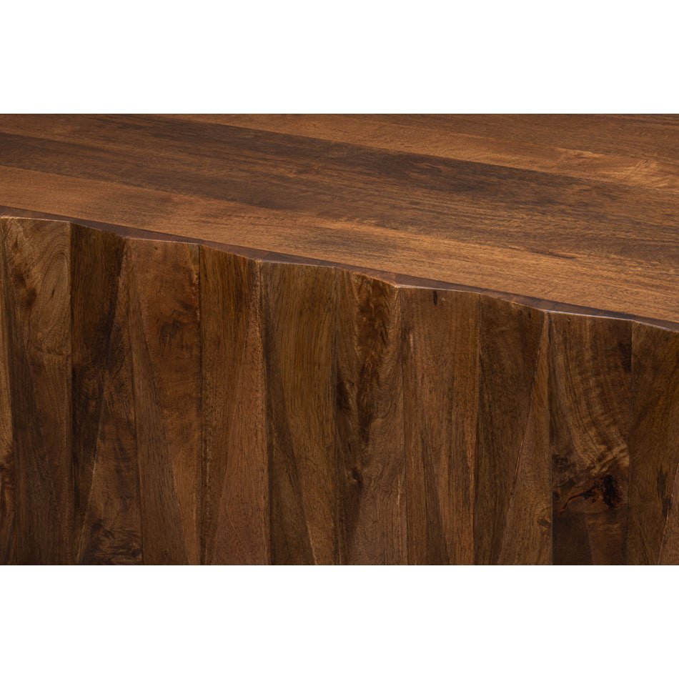 Close-up of coffee table showing unique wood finish.