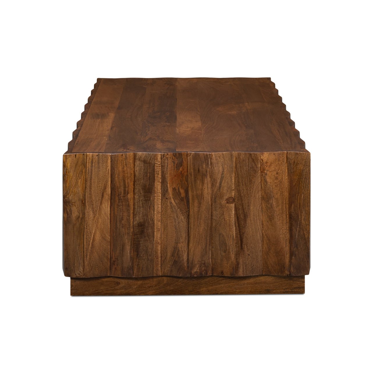 Side view of solid wood coffee table design.