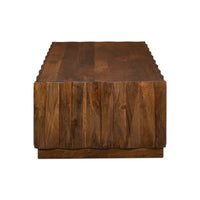 Side view of solid wood coffee table design.