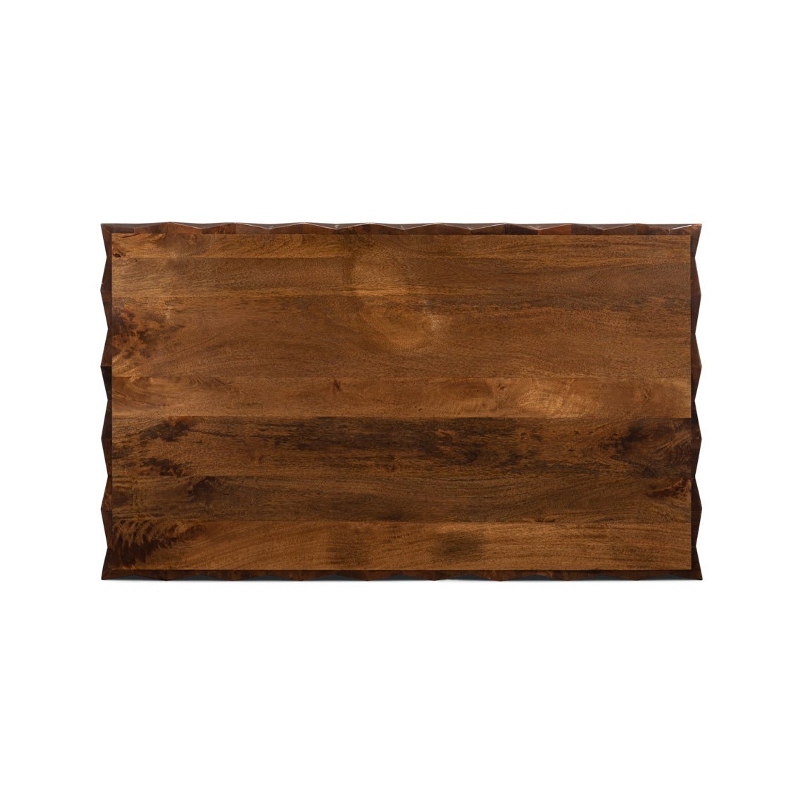 Overhead view of rectangular wood coffee table.