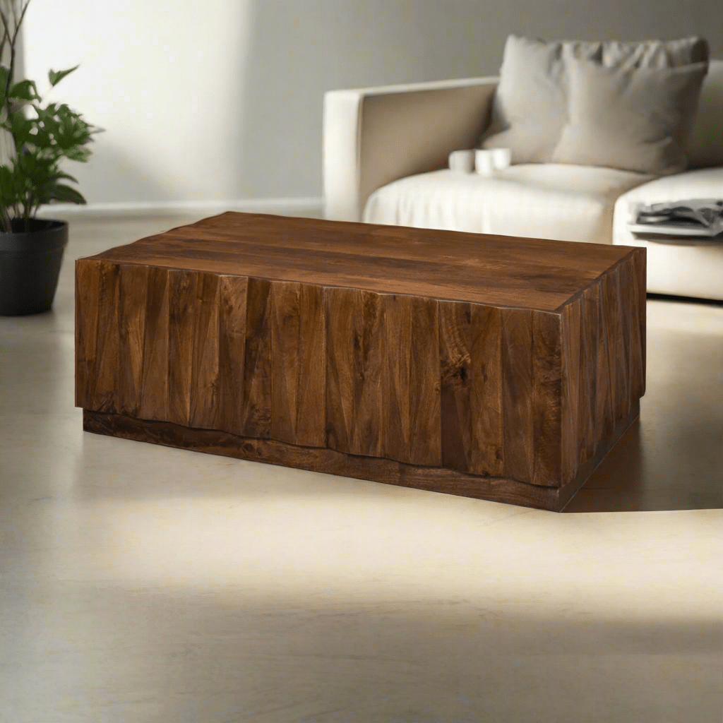 Coffee table in bright, minimalist room setting.