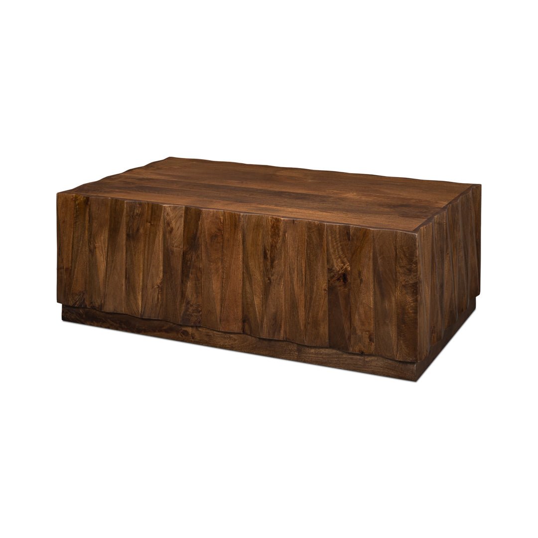 Front view of wood coffee table with unique texture.