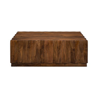 Straight-on view of textured wood coffee table.