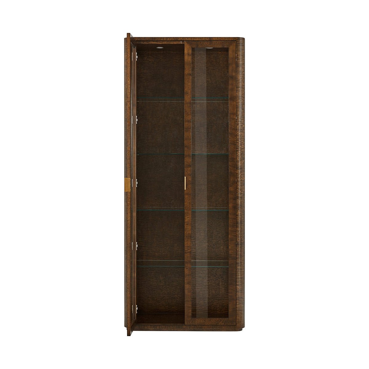 Open burl art deco curio cabinet with shelves.