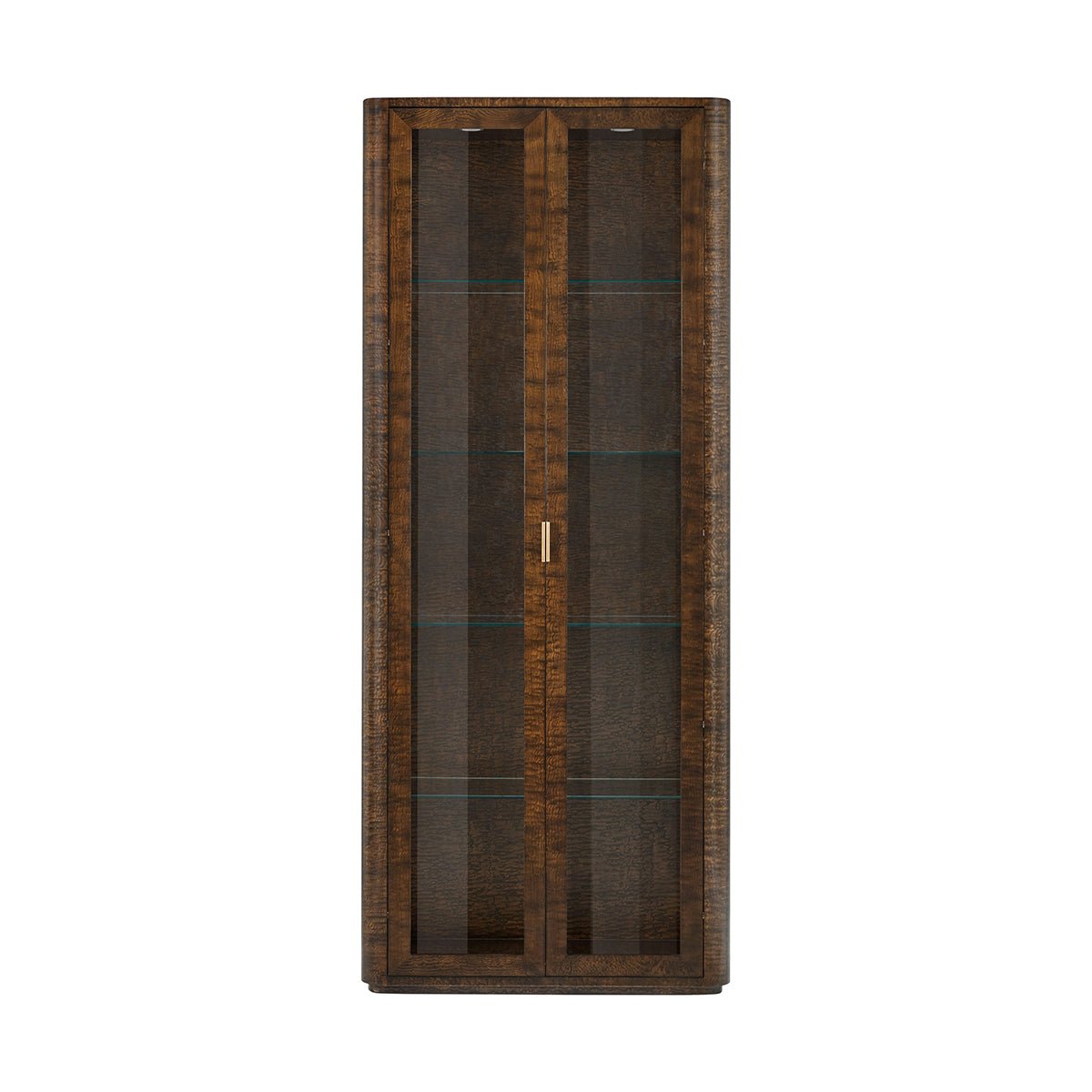 Front view of burl art deco curio cabinet.