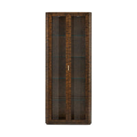 Front view of burl art deco curio cabinet.