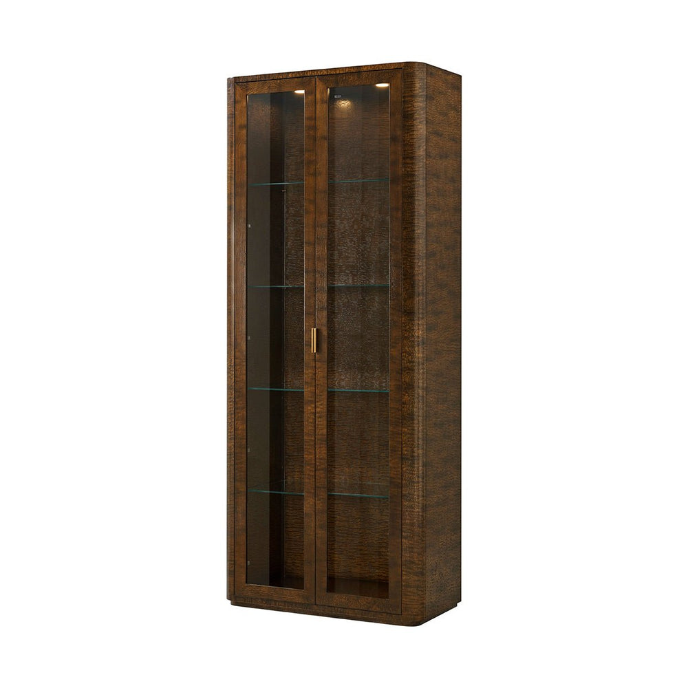 Tall burl art deco curio cabinet with glass shelves.