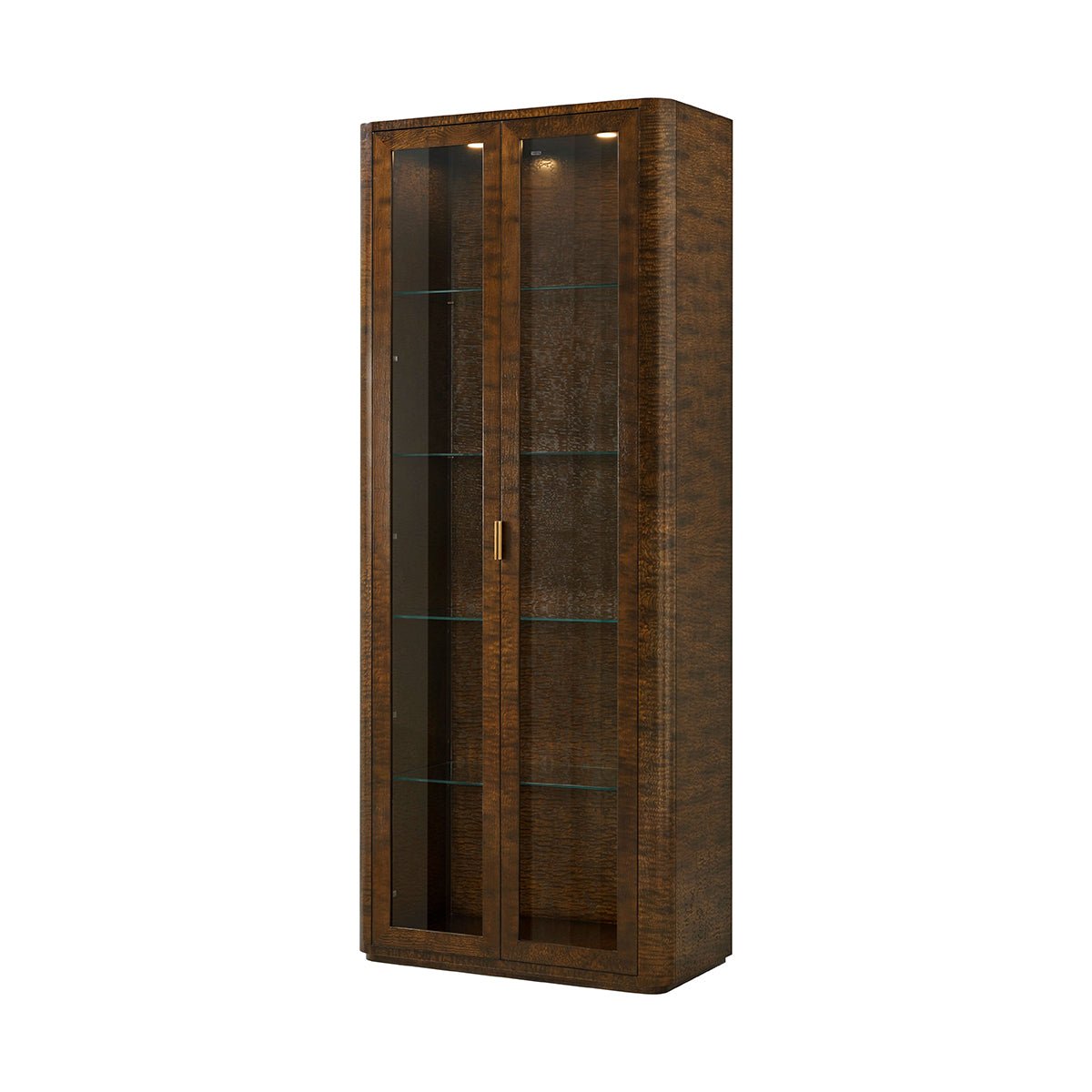 Tall burl art deco curio cabinet with glass shelves.