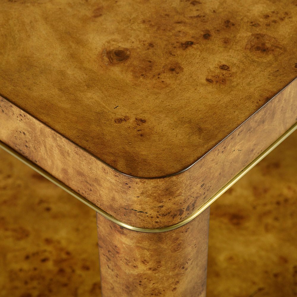 Close-up corner of Art Deco burl side table.