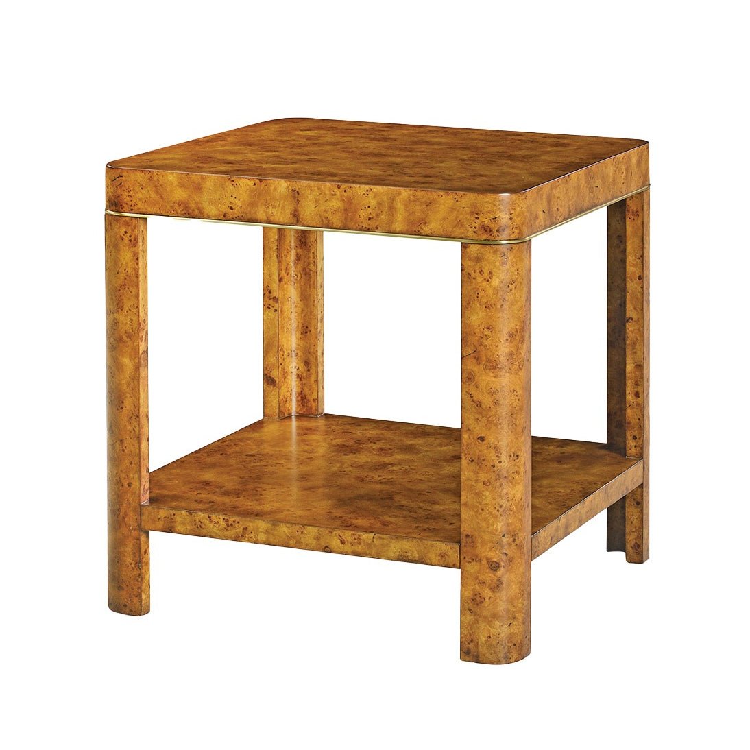 Art Deco burl side table front angled view.