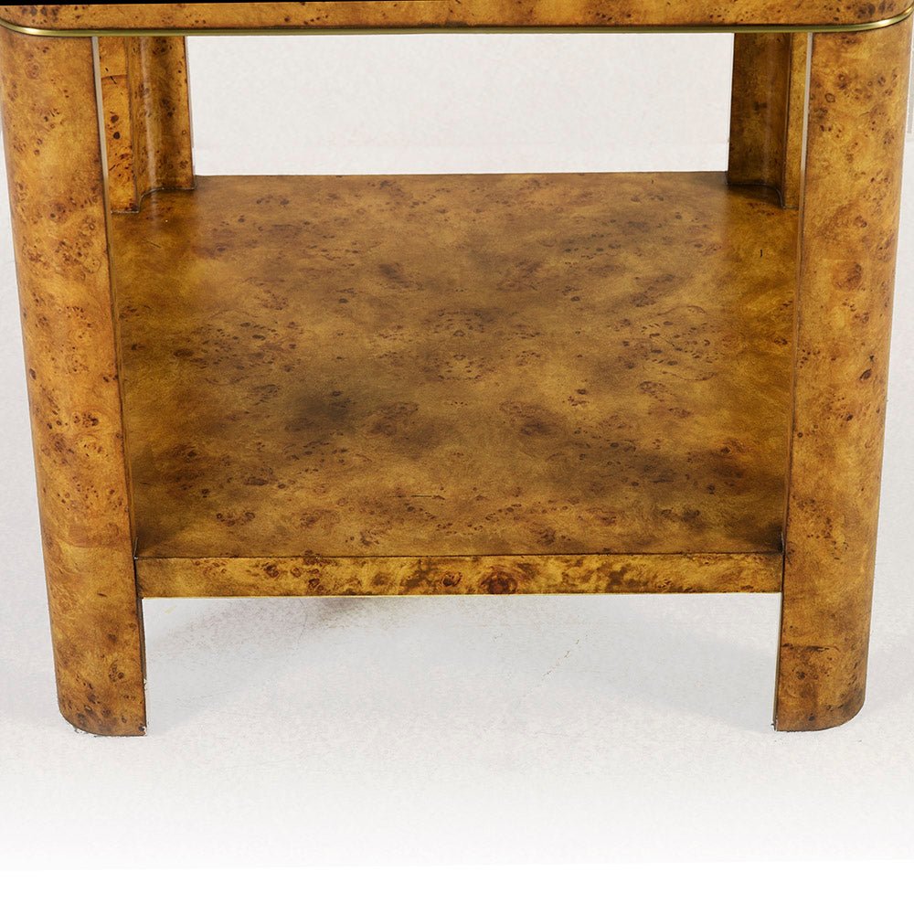 Art Deco burl side table shelf close-up.