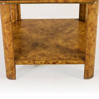 Art Deco burl side table shelf close-up.