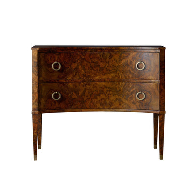 Front view of burl walnut chest with two drawers.