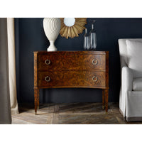 Walnut chest placed in living room setup with decor.