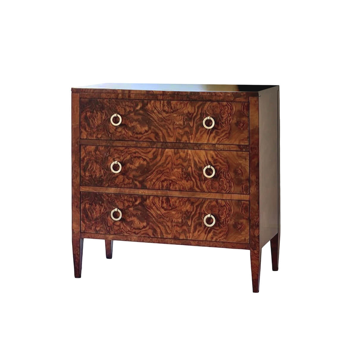 Burl walnut chest, three drawers, angled view.