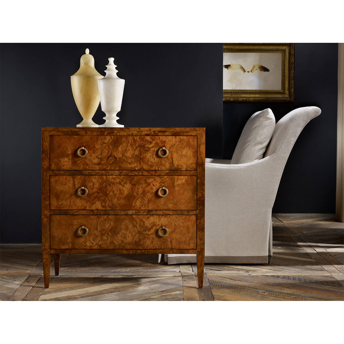 Burl walnut chest in modern living room setup.
