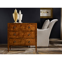 Burl walnut chest in modern living room setup.