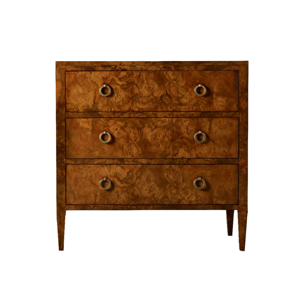 Burl walnut chest, front view, elegant design.