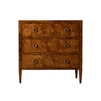 Burl walnut chest, front view, elegant design.