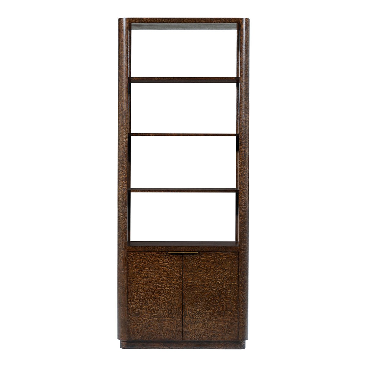 Front view of art deco burl wood bookcase.
