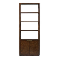 Front view of art deco burl wood bookcase.
