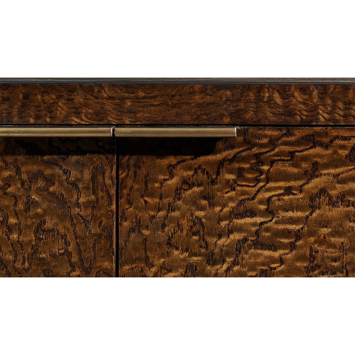 Close-up of burl wood texture and handle on bookcase.