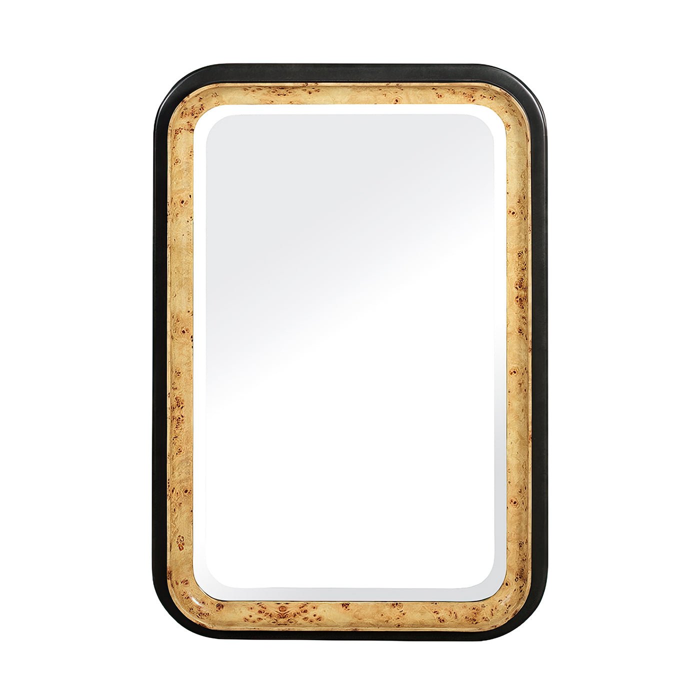 Rectangular art deco mirror with burl wood frame.