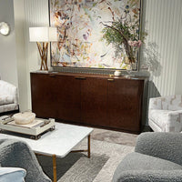 Burl wood sideboard in stylish living room.