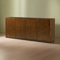 Burl wood sideboard in room, angled shot.