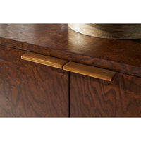 Close-up of handles on burl wood sideboard.