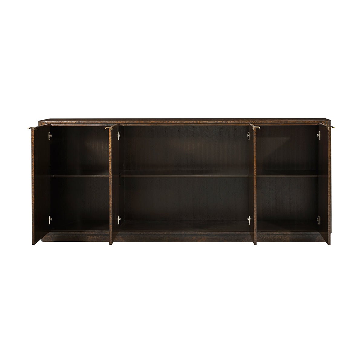 Interior shelving of burl wood sideboard open.