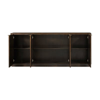 Interior shelving of burl wood sideboard open.