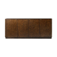 Straight-on view of closed burl wood sideboard.