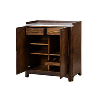 Open burl wood bar cabinet showing shelves and drawers.